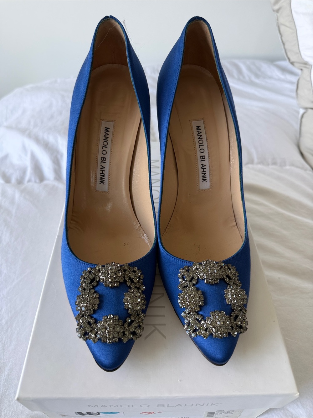 Manolo Blahnik Royal Blue Satin Pointed Toe Pumps with Crystal Buckle